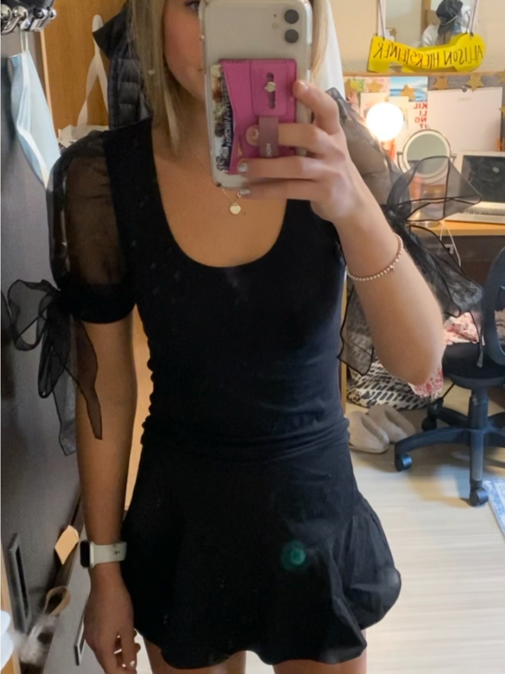 Zara Black Scoop Neck Top with Sheer Puff Sleeves